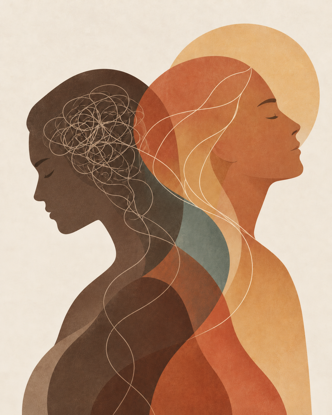 Illustration of overlapping abstract human profiles with tangled lines gradually becoming open and flowing