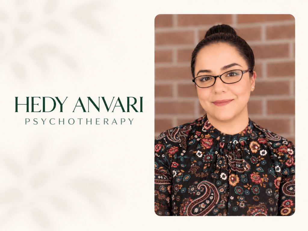 Hedy Anvari beside a brick wall, with the Hedy Anvari Psychotherapy wordmark