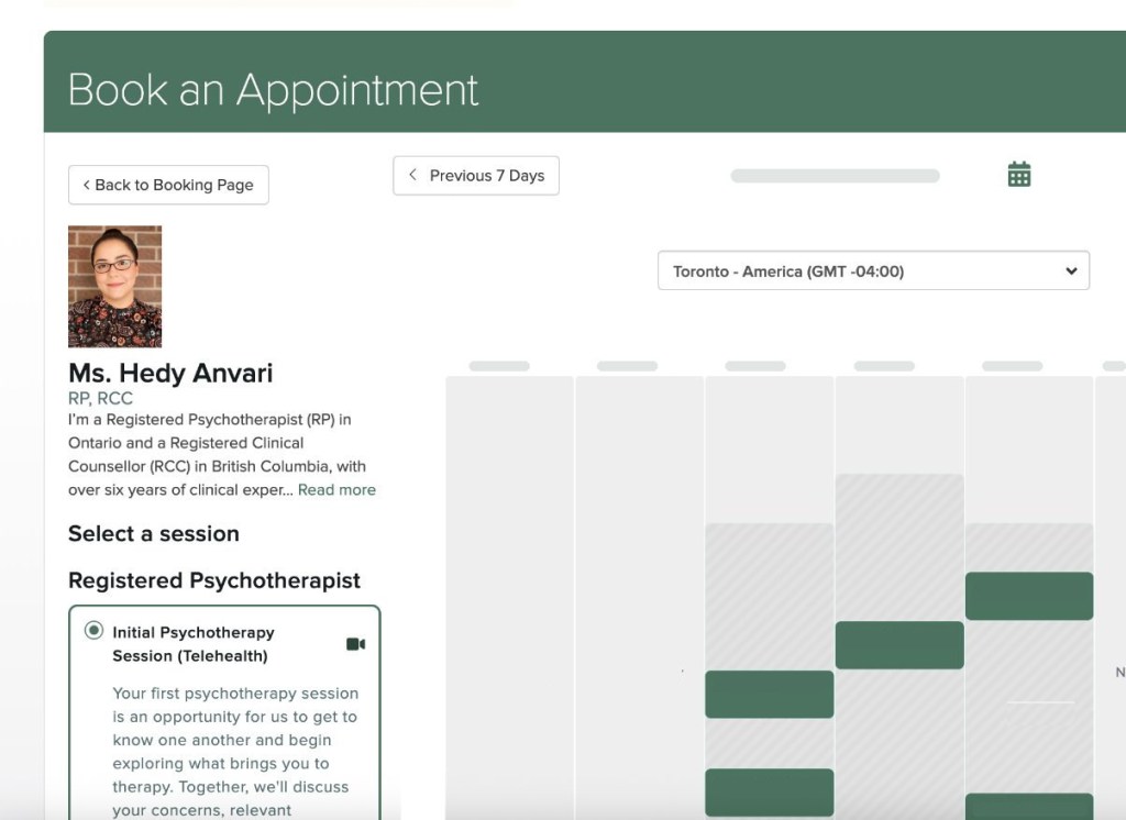 Illustrative Jane booking calendar for Hedy Anvari Psychotherapy with dates and appointment times obscured