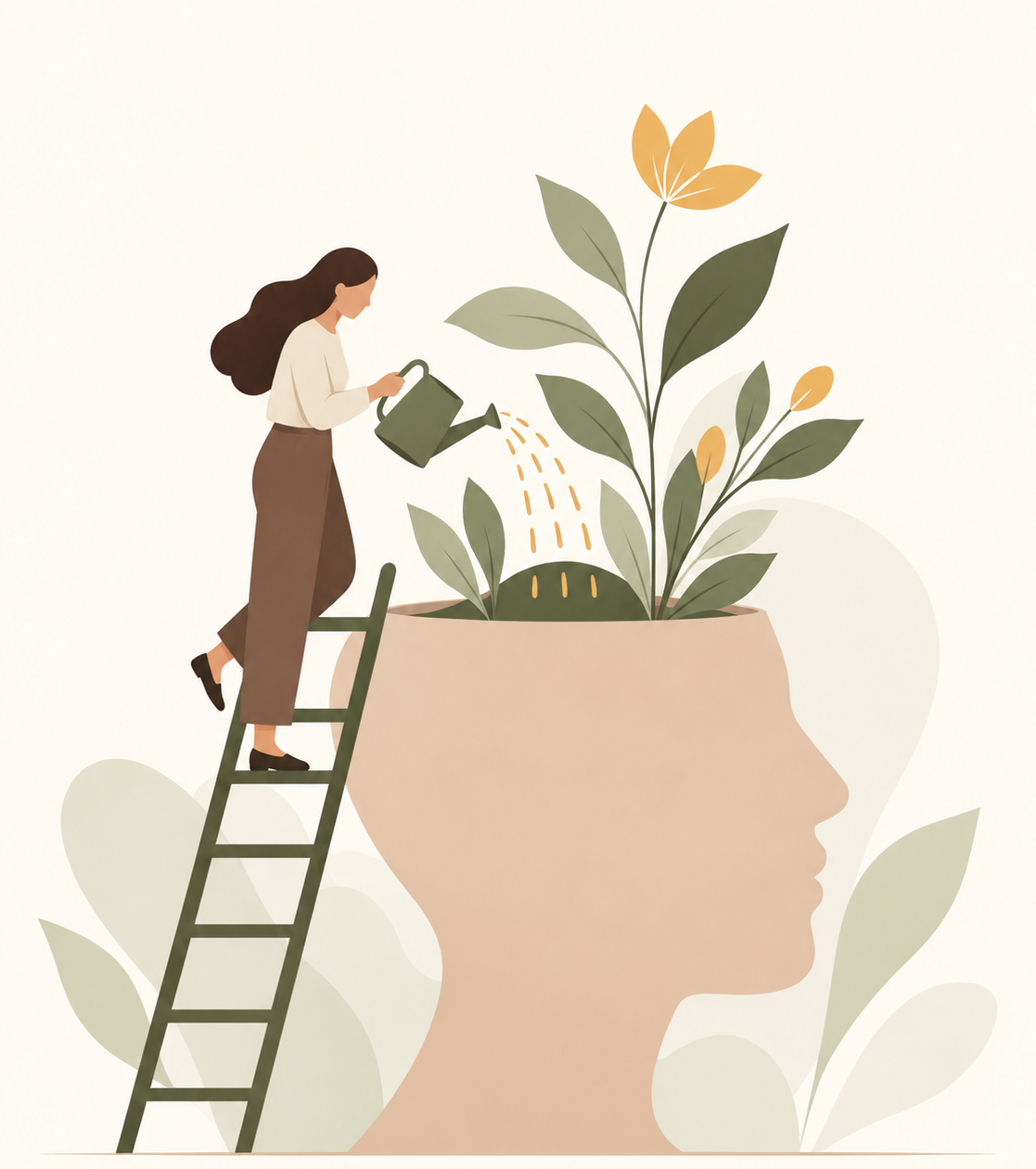 Illustration of a person tending plants growing from a human head silhouette